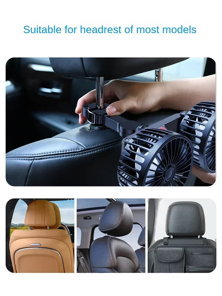 Car Seat Back Cooling Fan USB Charge Dual Head Fan 360 Degree Rotation Portable Cooler 3-Speed Super Wind Car Accessories