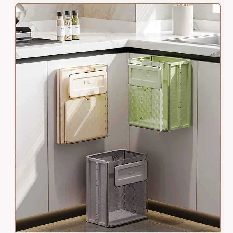 Kitchen Foldable Wall Mounted Waste Bins No-Punch Hanging Trash Can Large Capacity Wastebasket for Home Cabinet Storage Bucket