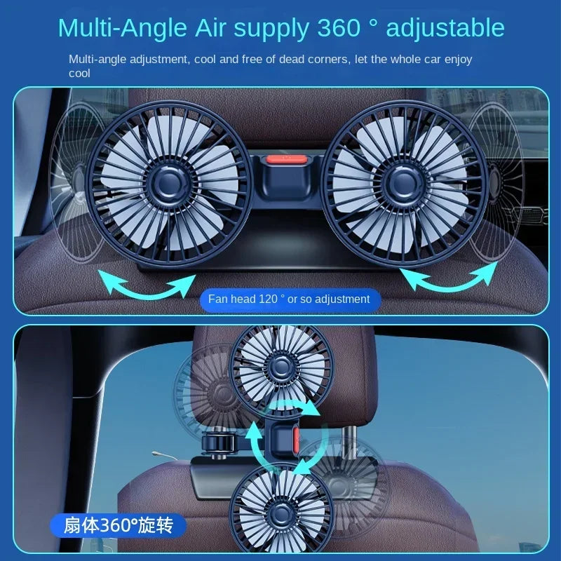 Car Seat Back Cooling Fan USB Charge Dual Head Fan 360 Degree Rotation Portable Cooler 3-Speed Super Wind Car Accessories