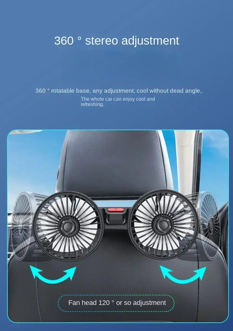 Car Seat Back Cooling Fan USB Charge Dual Head Fan 360 Degree Rotation Portable Cooler 3-Speed Super Wind Car Accessories