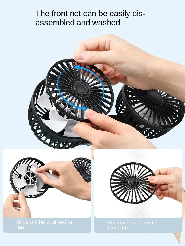 Car Seat Back Cooling Fan USB Charge Dual Head Fan 360 Degree Rotation Portable Cooler 3-Speed Super Wind Car Accessories