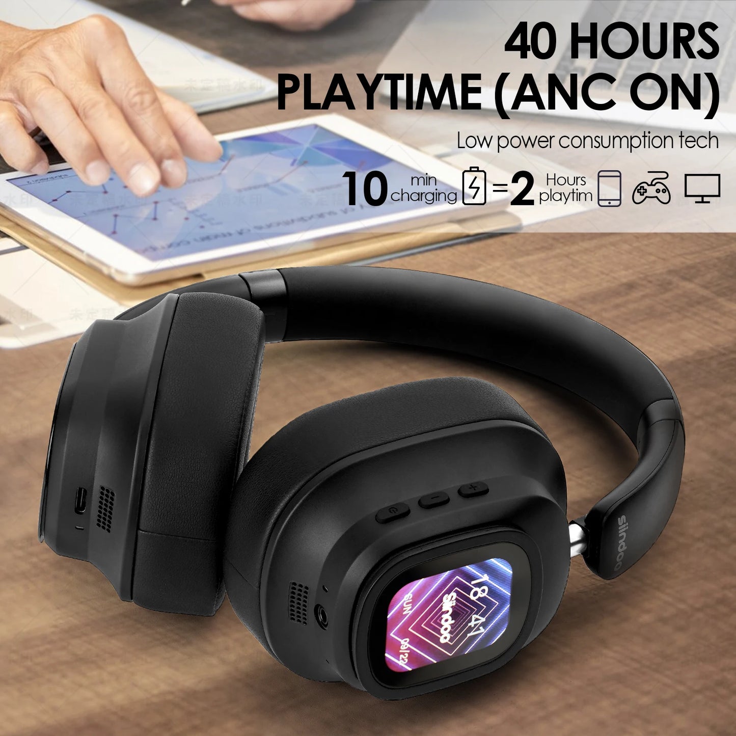 Siindoo JH-ANC930Plus Hybrid Wireless Headphone, Active Noise Cancelling Headphones With Multi Magnetic Touch Control LED Screen