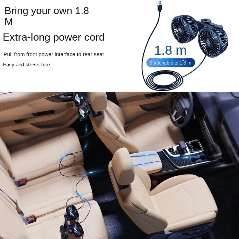 Car Seat Back Cooling Fan USB Charge Dual Head Fan 360 Degree Rotation Portable Cooler 3-Speed Super Wind Car Accessories