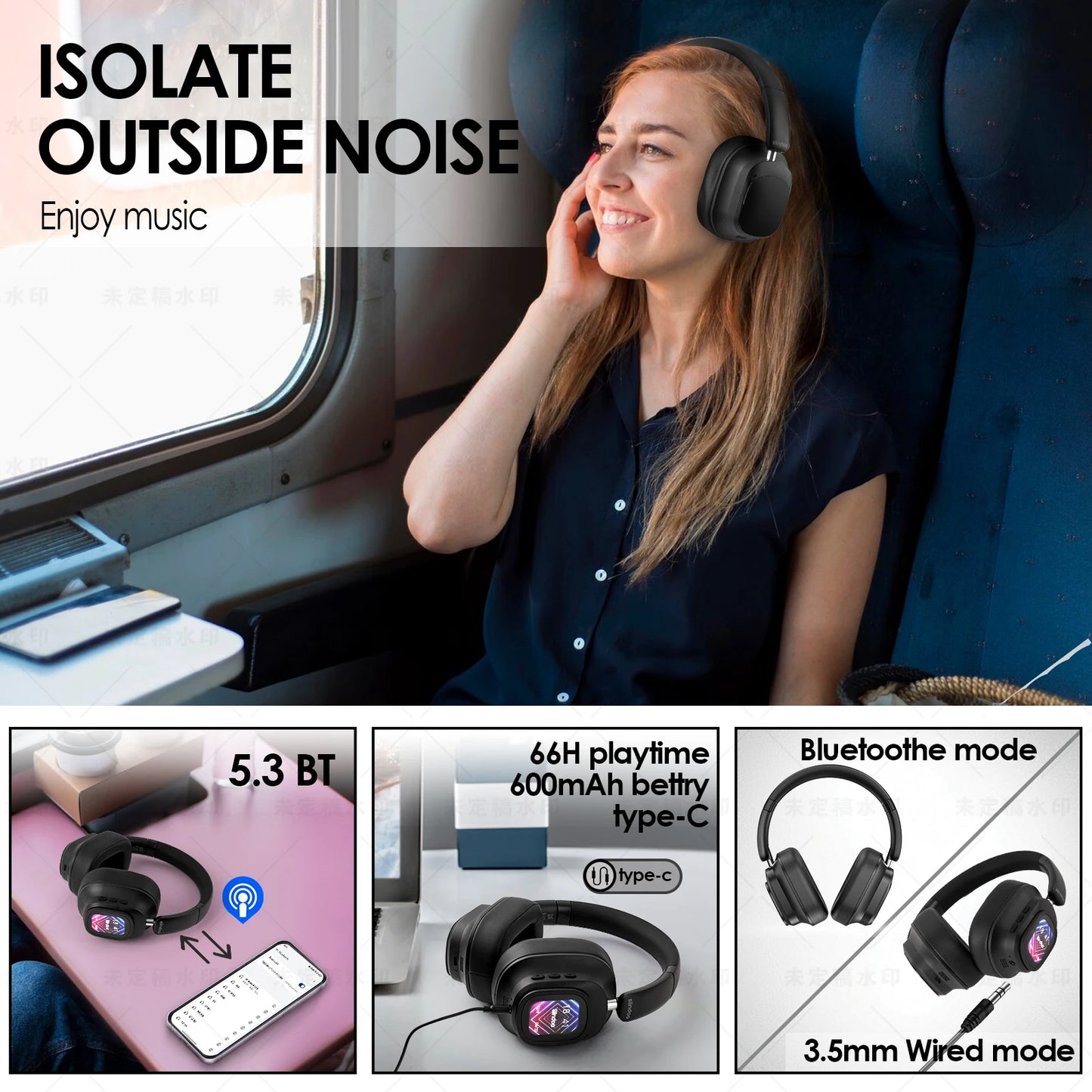 Siindoo JH-ANC930Plus Hybrid Wireless Headphone, Active Noise Cancelling Headphones With Multi Magnetic Touch Control LED Screen