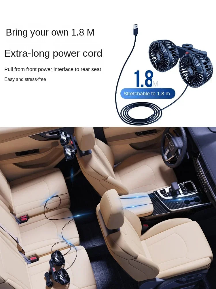 Car Seat Back Cooling Fan USB Charge Dual Head Fan 360 Degree Rotation Portable Cooler 3-Speed Super Wind Car Accessories