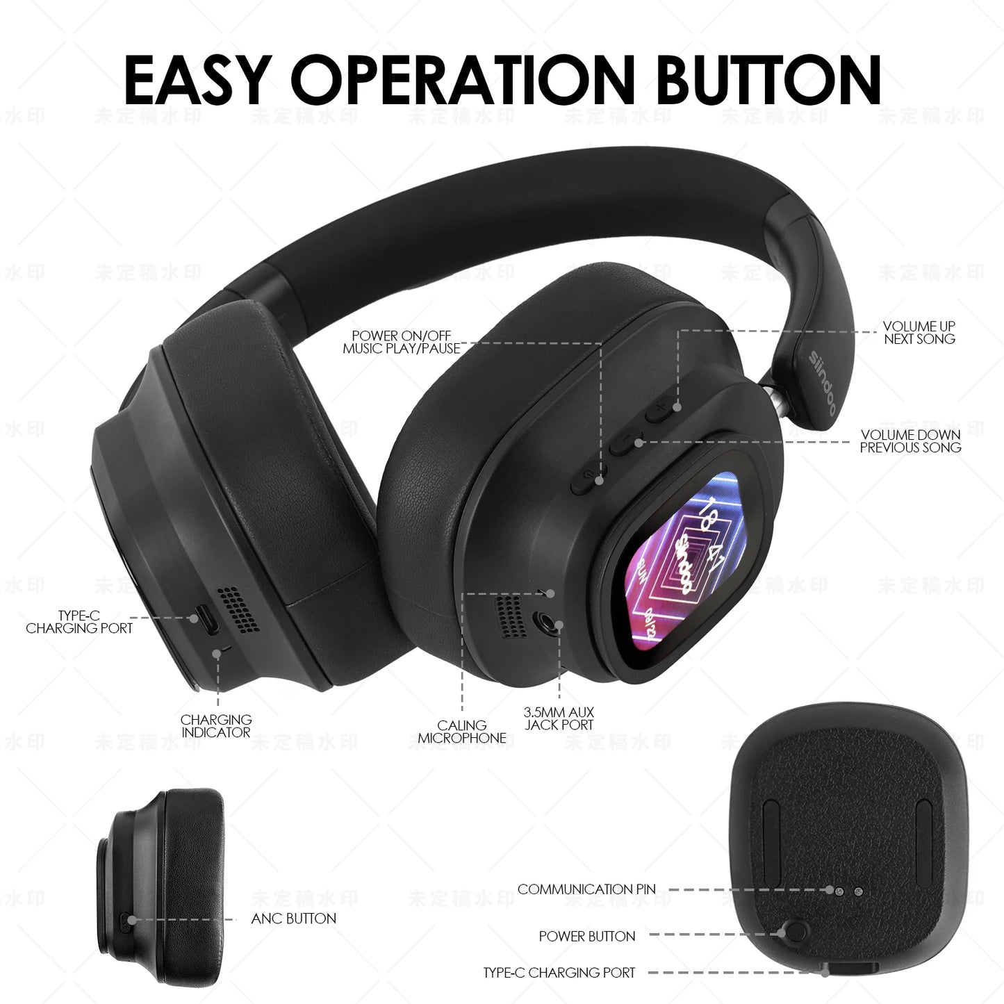Siindoo JH-ANC930Plus Hybrid Wireless Headphone, Active Noise Cancelling Headphones With Multi Magnetic Touch Control LED Screen