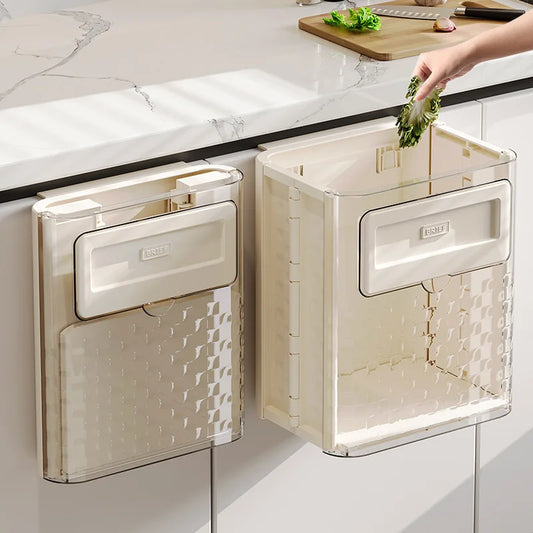 Kitchen Foldable Wall Mounted Waste Bins No-Punch Hanging Trash Can Large Capacity Wastebasket for Home Cabinet Storage Bucket