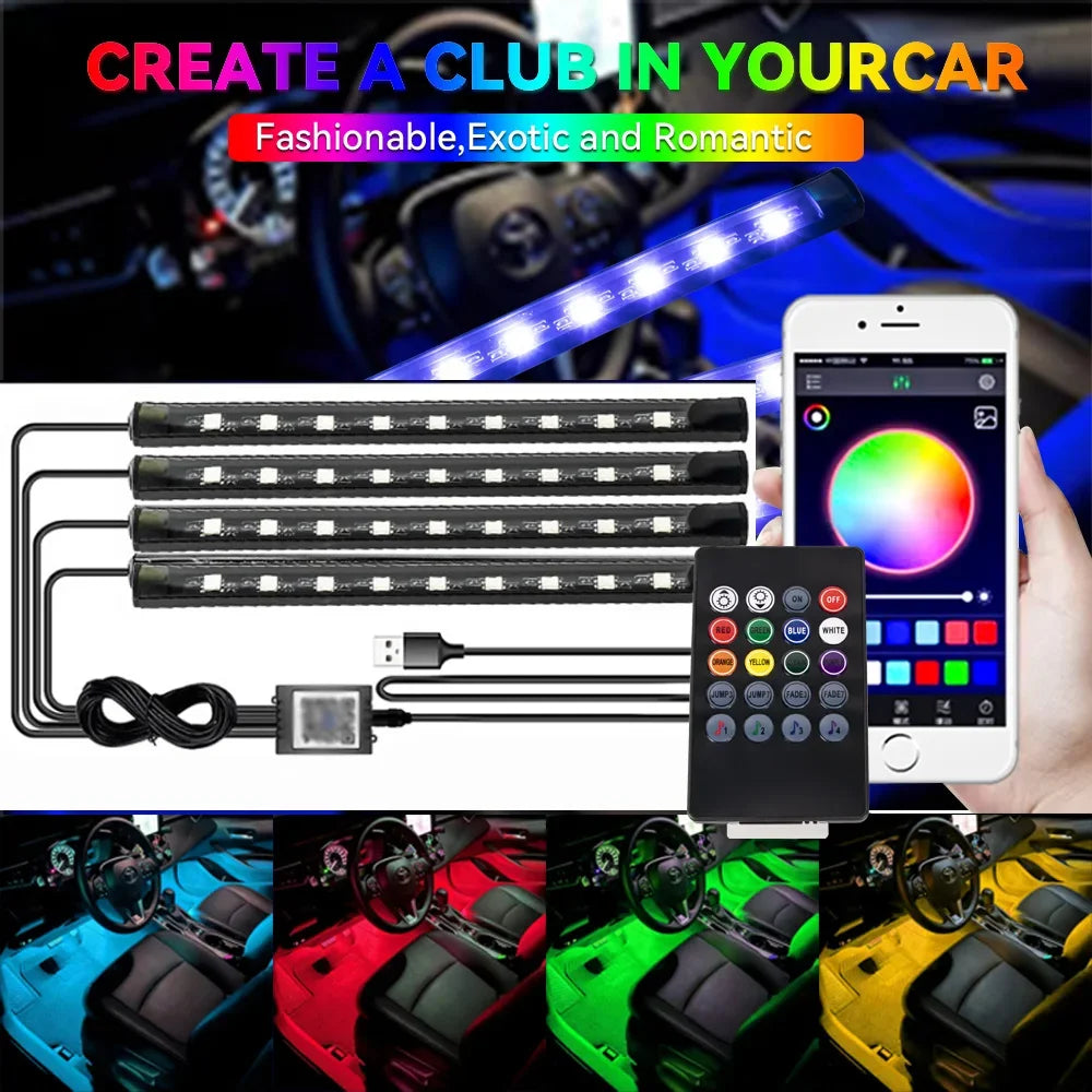 Neon Led Strip Car Interior Lighting Ambient Lights With USB Cigarette Lighter Backlight Music Control Auto Decoration Lights