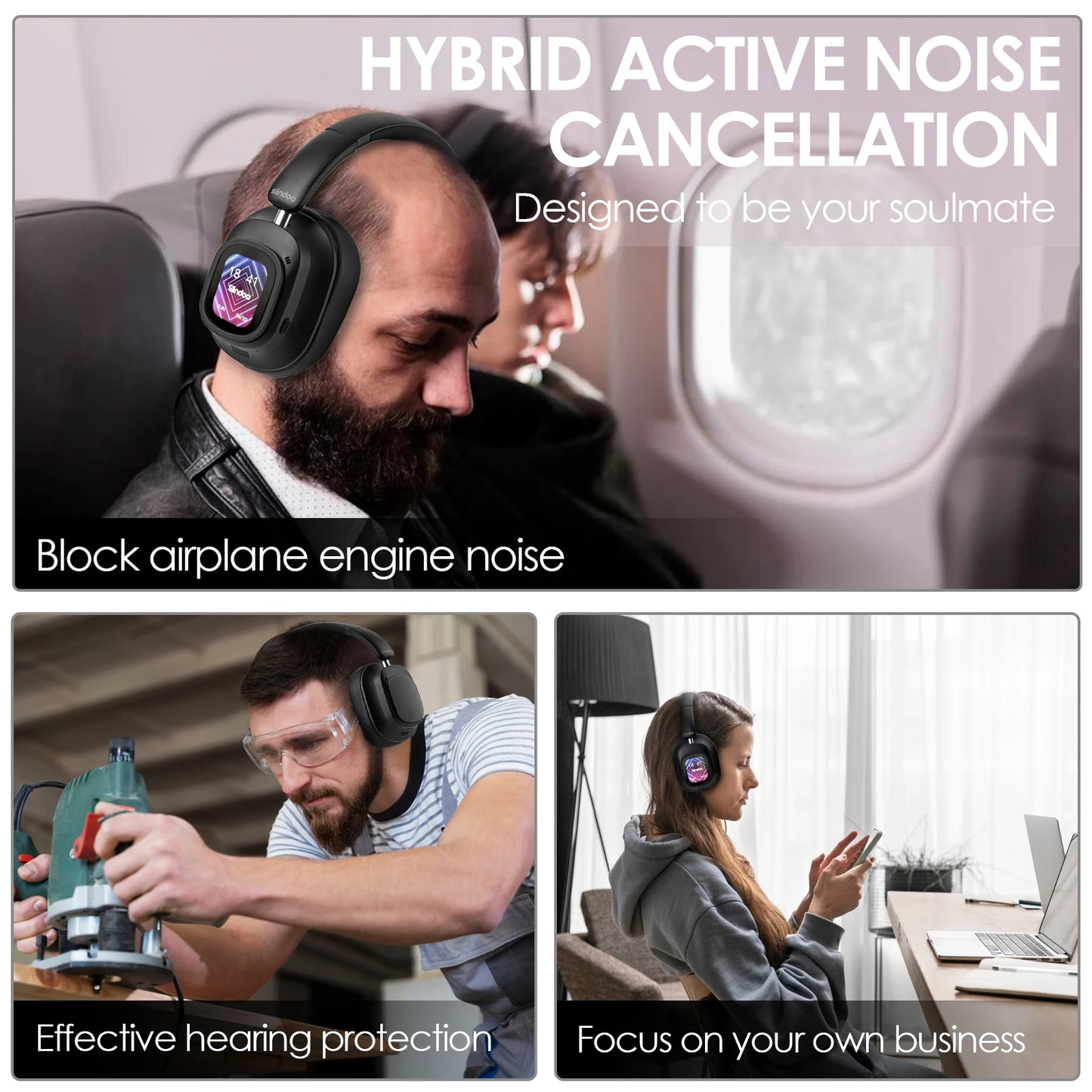 Siindoo JH-ANC930Plus Hybrid Wireless Headphone, Active Noise Cancelling Headphones With Multi Magnetic Touch Control LED Screen